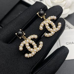Chanel square diamond hoop letter stud earrings